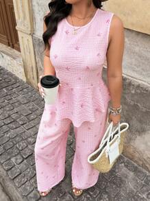 SHEIN LUNE Bộ 2 món áo ba lỗ in nơ sọc thường ngày mùa hè cỡ lớn và quần dài - Màu Hồng baby - Xem 1