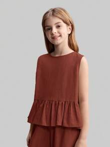 Ontre Tween Girls Summer Shades Of Brown 2 Pieces Set,Sleeveless Ruffle Hem Tank Top & Relaxed Pants,Solid Textured Casual Outfit For Holiday Tea Party - Rust Brown - View 3