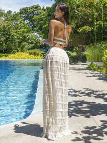 DAZY 2pcs Women Vacation Style Semi-Transparent Halter Top & Skirt Set,Beach Outfits - Apricot - View 7