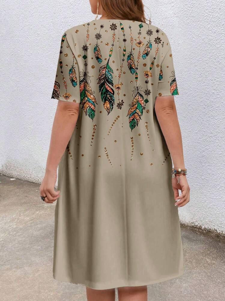 EMERY ROSE Vestido de lentejuelas doradas con estampado de plumas de talla grande - Albaricoque - Añade 2