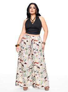 ROMWE Fairycore Summer Vacation Beach Hippie Loose Straight Wide Leg Elastic Waist Animal & Plant Print Plus Size Pants - Beige - View 4