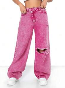 Teen Girls Y2K Style Washed Pink Distressed Wide Leg Loose Jeans - Hot Pink - View 3