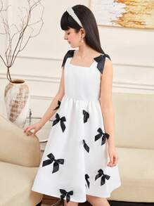 SHEIN Tween Girls Elegant Sleeveless Patchwork Contrast Color Bow Mid-Length Dress, Party Dress - White - View 3