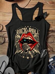 SHEIN LUNE Music Festival Retro Vintage American Casual Minimalist Rock Lips Graphic Plus Size Tank Top, Suitable For Summer Concert - Black - View 1