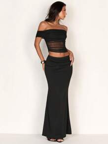 Glamine 2pcs Women's Summer Elegant Sexy Open Shoulder Sheer Mesh Top And Mermaid Knit Skirt Set, Women Clothing Sets - Black - View 3