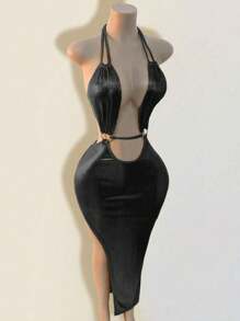 Mistrie Women's Solid Color Deep V-Neck Sleeveless Minimalist Dress, Suitable For Summer - Black - View 3