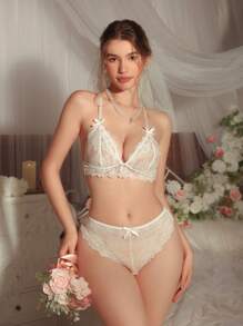 DelicateAllure Set de 2 piezas Lencería de mujer sin varillas con encaje blanco