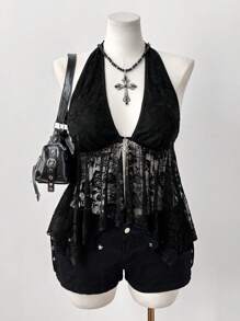 Sunspun Top de tirantes finos asimétrico con encaje calado y diseño de araña transparente, estilo casual retro punk para mujer talla grande, primavera/verano