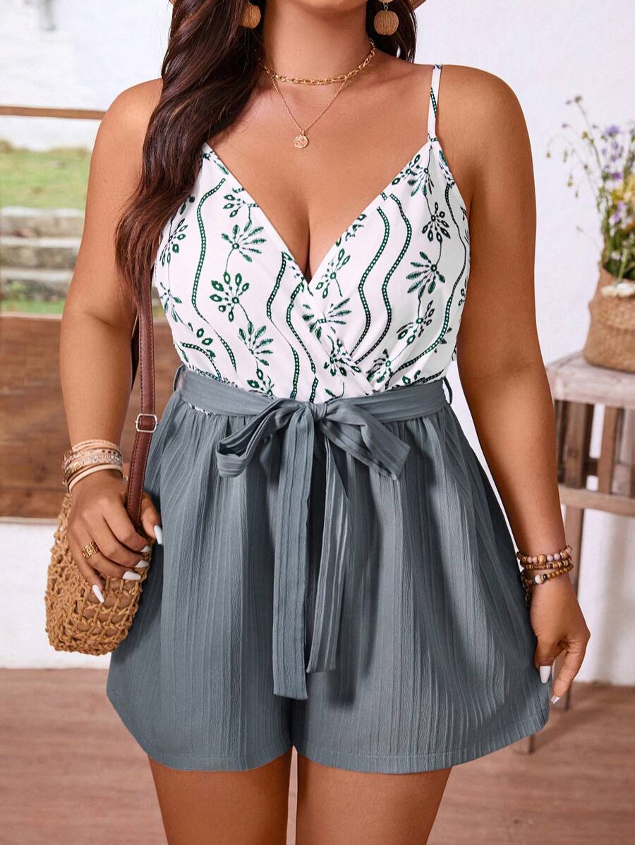 SHEIN Clasi Plus Size Patchwork Cap Sleeve Crop Top And Short Romper Outfit - Multicolor - View 1