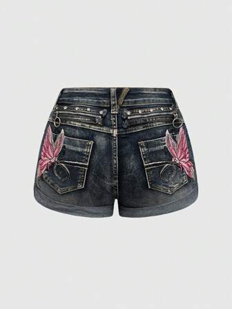 J-Fashion Pantalones cortos vaqueros pitillo con diseño bordado de mariposa, talle bajo y efecto desgastado, estilo Y2K sexy