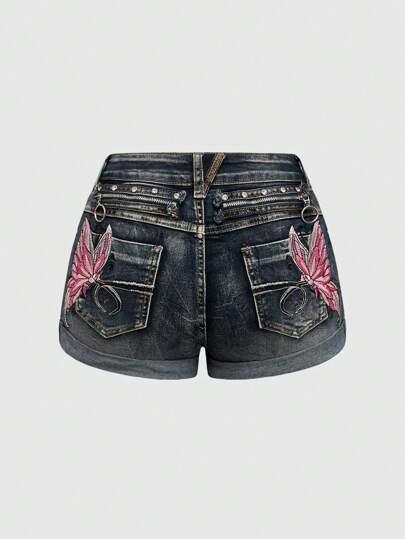 J-Fashion Y2K Style Sexy Distressed Low Waist Butterfly Embroidered Skinny Denim Shorts