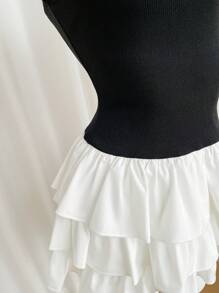 SHEIN PETITE Women's Autumn Cropped Leopard Print Patchwork Layered Ruffle Trim Fitted Mini Dress - Black and White - View 8