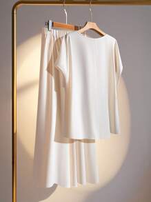 SHEIN Clasi Plus Size Women Open Shoulder Blouse & Pleated Waist Skirt Elegant 2 Pieces Set, Suitable For Parties And Daily Commute