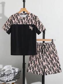 2pcs/Set Tween Boy Casual College Style All Over Letter Print Colorblock Round Neck Short Sleeve Shorts Outfit, Suitable For Commuting, School, Everyday Casual, Sports, Spring/Summer - Khaki - View 2