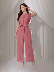 Modelyn Damen einfarbiger Jumpsuit mit Spitzen Patchwork, ärmelos, mit Gürtel und weitem Bein