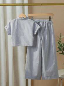 SHEIN 2pcs/Set Casual Teen Girls Striped Lapel Short Sleeve Crop Top And Wide Leg 3/4 Pants Set, Office/Everyday Wear