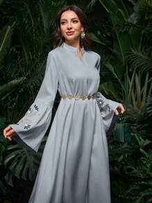 Al Najma Women's Solid Color Woven Embroidered Arabic Style Dress, Modest - Dusty Blue - View 4