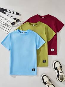 SHEIN 3pcs Tween Boys Crew Neck Short Sleeve T-Shirts, Decorated With Patches, Casual Tops For Spring/Summer Boy Clothes For Kids Young Boys T Shirts Boys T Shirts 4 - Green - View 1