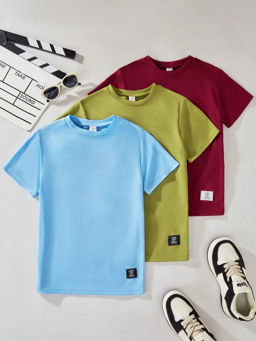 SHEIN 3pcs Tween Boys Crew Neck Short Sleeve T-Shirts, Decorated With Patches, Casual Tops For Spring/Summer Boy Clothes For Kids Young Boys T Shirts Boys T Shirts 4 - Green - View 1