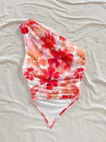 Soleia 女士休闲度假红色花朵印花褶皱不对称下摆无袖短款上衣，适合夏季，适合度假 - 彩色 - 查看 2