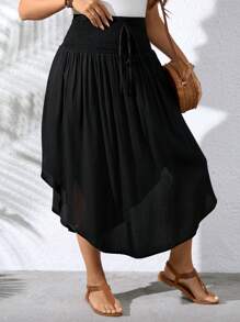 SHEIN LUNE Plus Size Solid Shirred Waist Curved Hem Skirt Maxi Vacation Beach Outfits Women