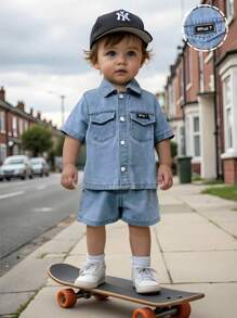 SHEIN 2pcs/Set Baby Boy Summer Casual Soft Cute Denim Shirt With Collar & Loose Fit Denim Shorts Set,Baby Spring/Summer Clothes Outfits Spring Break Outfit - Light Wash - View 1