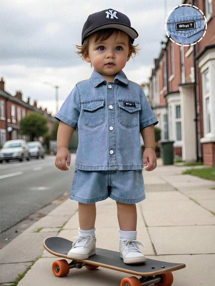 SHEIN 2pcs/Set Baby Boy Summer Casual Soft Cute Denim Shirt With Collar & Loose Fit Denim Shorts Set,Baby Spring/Summer Clothes Outfits Spring Break Outfit - Light Wash - View 1