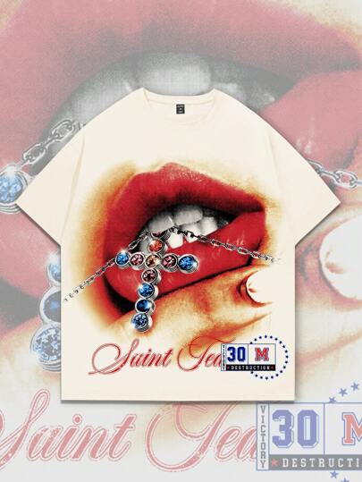 Street Life T-shirt à manches courtes avec imprimé lèvres, mode d'été pour hommes