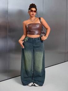 SHEIN x Lina SHEIN ICON Jeans holgados desgarrados lavados de estilo Y2K talla grande - Azul lavado oscuro - Ver 4