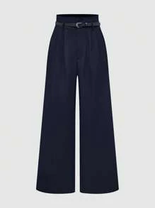 SHEIN Tall Pantalones anchos de cintura alta de unicolor para mujer, adecuados para ir al trabajo