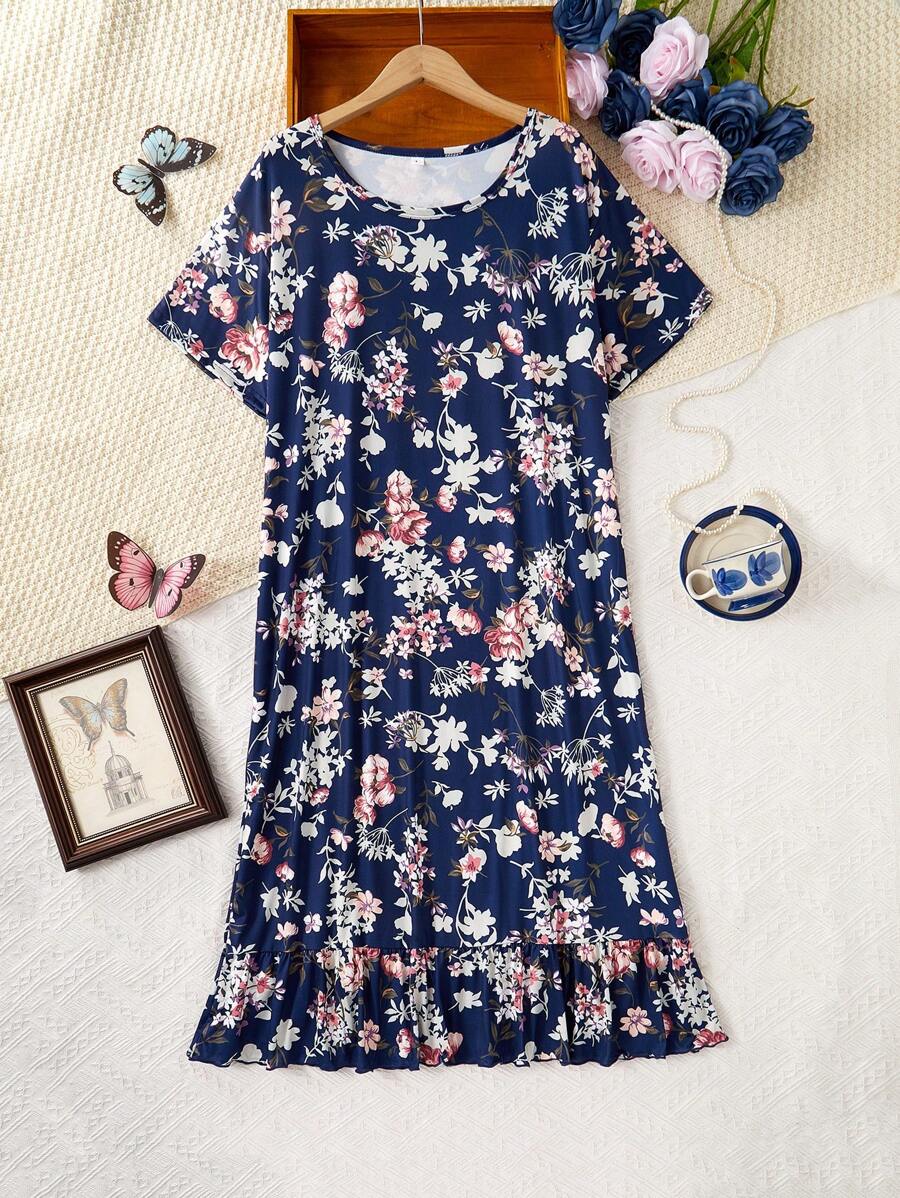 Rochie de damă, albastru bleumarin, ocazională, cu modele florale, cu tiv cu volan, îmbrăcăminte pentru acasă