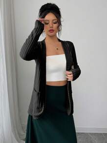 SHEIN PETITE Women's Casual Ribbed Brushed Open Front Side Pocket Lightweight Jacket Fall Cloth For Women - Black - View 7