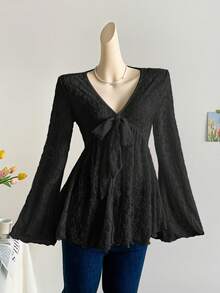 Soleia Women's Vacation Lace Blouse With Front Tie And Bell Sleeves - Black - View 3