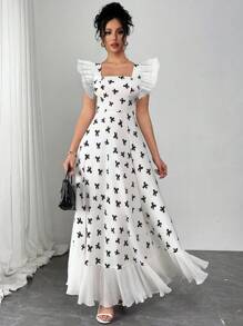 Chiquease Bohemian Square Neck Chiffon Cap Sleeve Ruffle Hem Dress For Women, Vacation Style, Spring/Summer - White - View 5