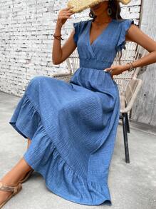 SHEIN PETITE Abito da donna casual minimalista con arricciatura sull'orlo e laccio in vita, perfetto per le vacanze