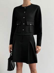 SHEIN Tall WOMEN's Scuba Elastic Fabric Open Button Jacket With Pocket & Skirt - Black - View 1