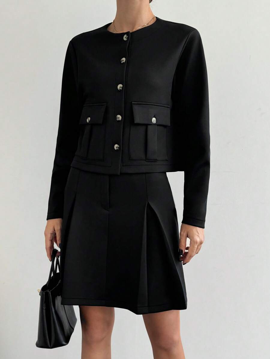 SHEIN Tall WOMEN's Scuba Elastic Fabric Open Button Jacket With Pocket & Skirt - Black - View 1