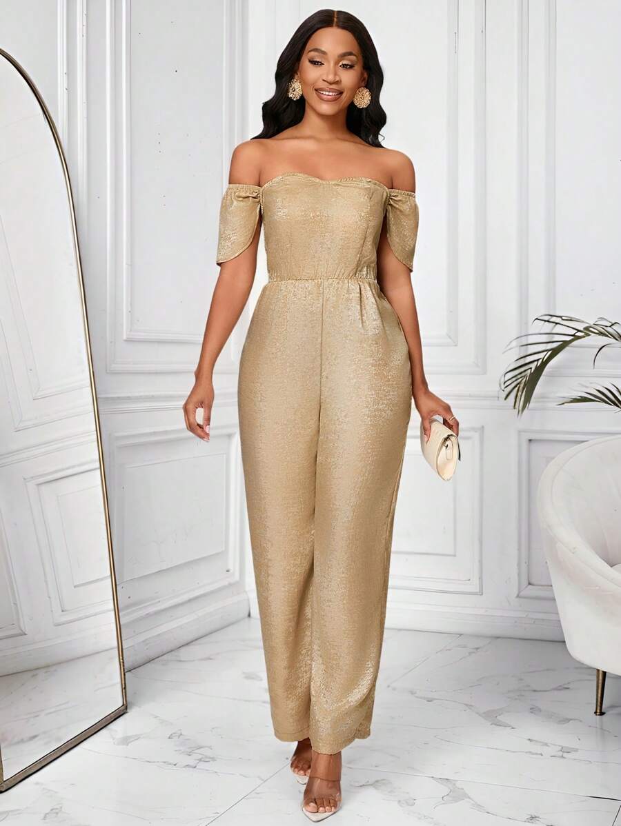 SHEIN LUNE Women Sparkling Jumpsuit, Elegant Casual For Party, Vacation, Commuting, Spring/Summer - Gold - View 1