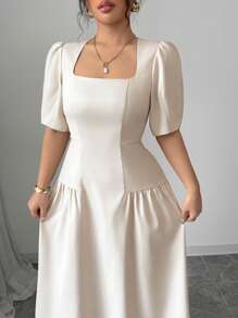 Celure Abito lungo da donna elegante e casual per primavera/estate, stile francese chic, adatto per lavoro, vacanza e occasioni formali, con scollo quadrato, drappeggio, in colore unito