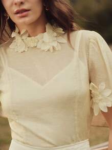 Anewsta Women's Elegant Romantic Sheer Handmade Embroidered Floral Blouse, Spring, Summer - Apricot - View 6