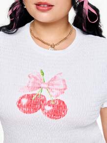 ROMWE Kawaii 大码夏季休闲樱桃印花短袖 T 恤 - 米色 - 查看 2