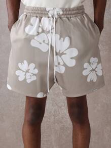 SUMWON 夏威夷花卉印花低裆短裤抽绳运动家居服海滩夏季休闲运动街头装度假休闲裤 - 卡其色 - 查看 6