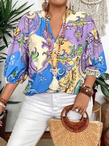 Plus Size Paisley Print Notched Neck Casual Holiday Shirt - Blue - View 4