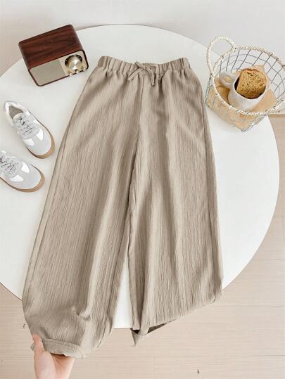 SHEIN LMoss Kids Pantalones anchos de pierna ancha y suelta con textura de tela para niña preadolescente con cintura elástica con cordón