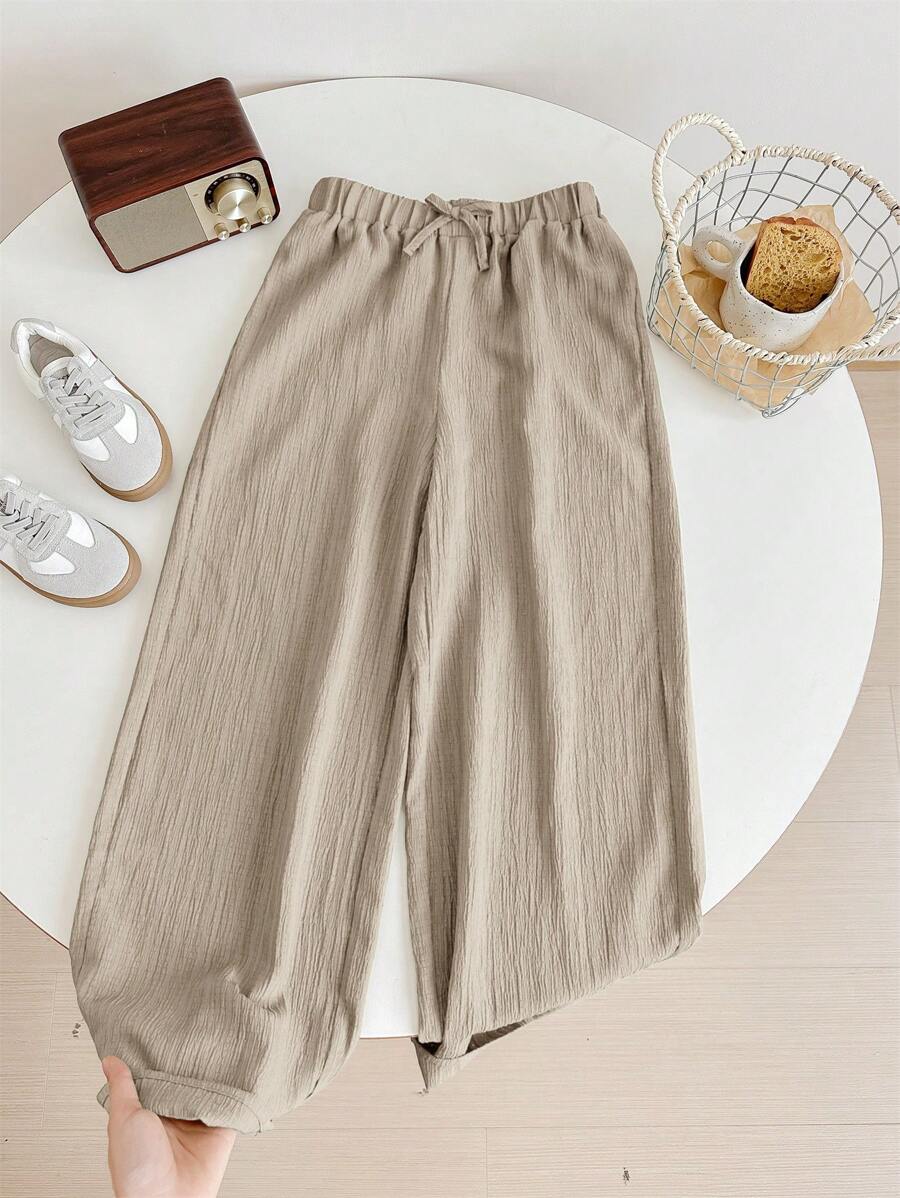 SHEIN LMoss Kids LMoss Tween Girl Textured Fabric Loose Wide Leg Pants With Drawstring Elastic Waistband - Khaki - View 1