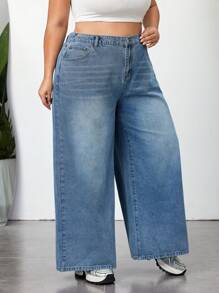 SHEIN CURVE+ Plus Size Heart Pattern Washed Loose Denim Wide Leg Pants, Casual Street Style, Summer, Curve Plus, Boho Vacation