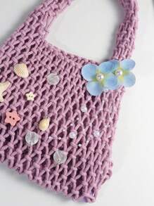 Fairycore 1个时尚个性化橙色海洋编织沙滩手提包，大号女士手提包，适合春夏度假 - 彩色 - 查看 5