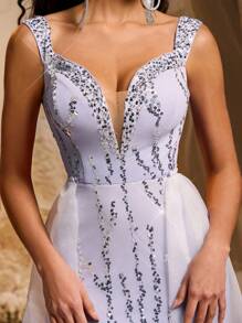 Glamrae 优雅紫色渐变奢华全亮片深 V 领鱼尾裙，带可拆卸尾部，正式晚礼服，派对礼服，婚礼宾客礼服，晚礼服 - 紫色 - 查看 6