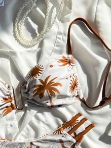 SHEIN 2pcs Coconut Tree Pattern Twist Side Cut-Out Bikini Set, Swimwear For Ladies Beach Holiday - Multicolor - View 3