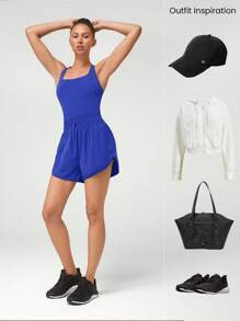 GLOWMODE Powersculpt™ Sweat-Wicking Quick-Dry Cool Feel Ready To Romp Crossover Back Elastic Waist Curved Hem Square Neck Athletic Romper High Impact Workout Running Training Gym